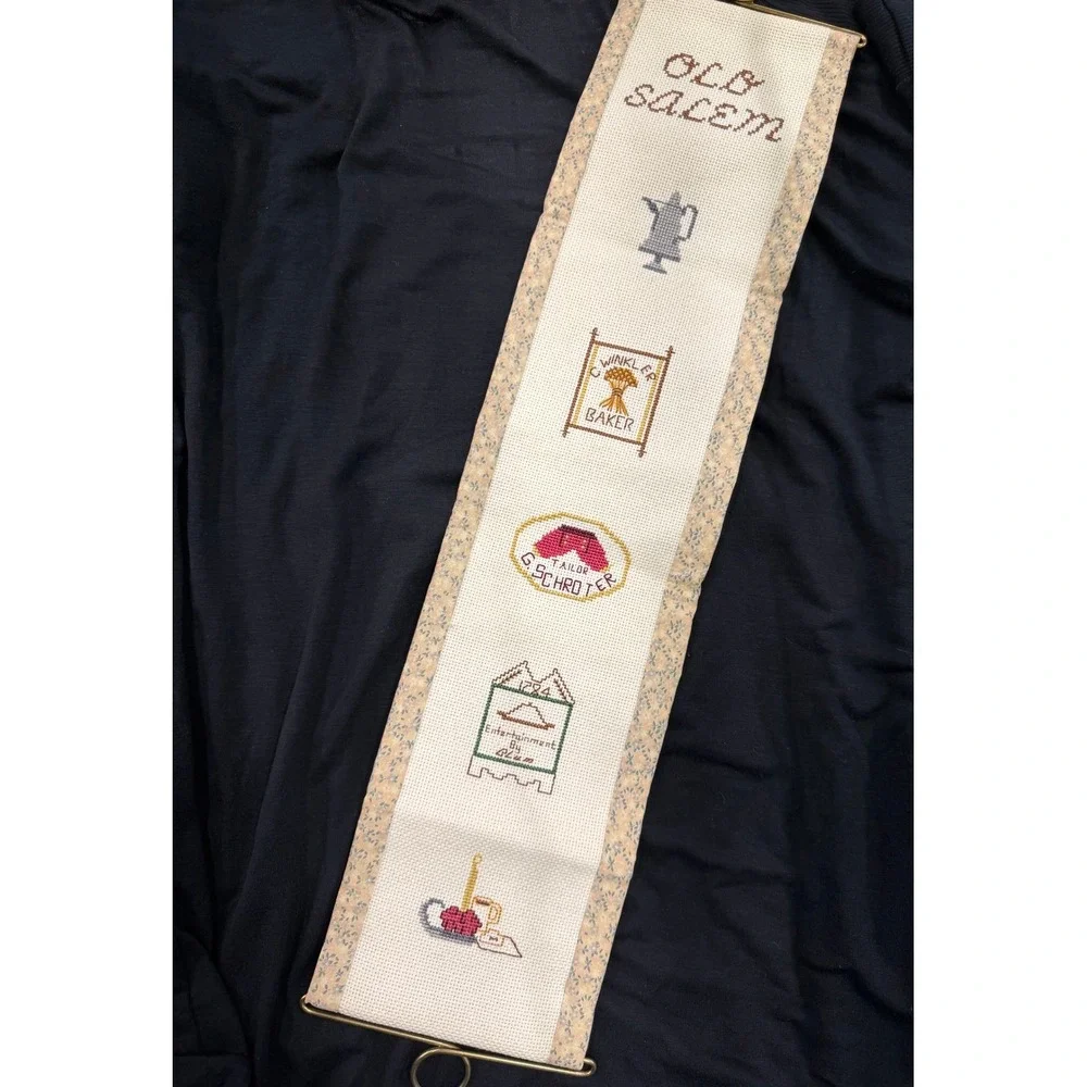 Old Salem Hand Cross Stitch Wall Hanging Tapestry Vintage Rustic Decor
